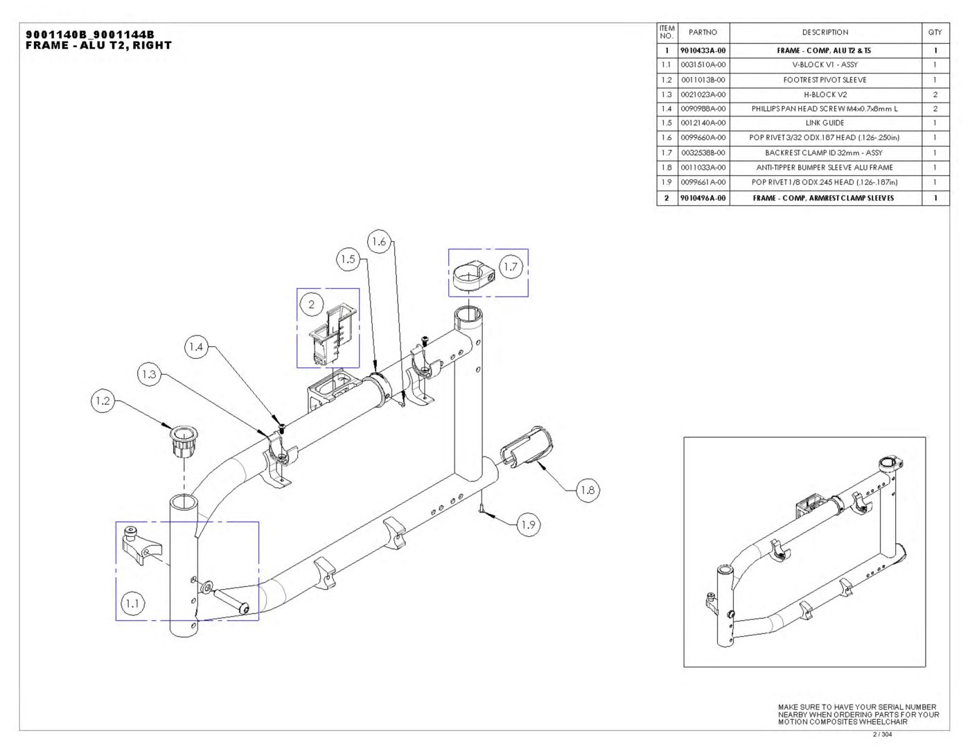 Exploded view of the Frame - Alu T2, Right