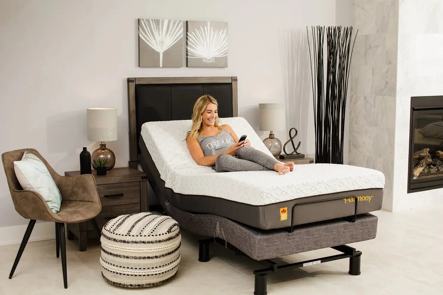 An adjustable bed in a furnished home bedroom illustrating room and bed planning