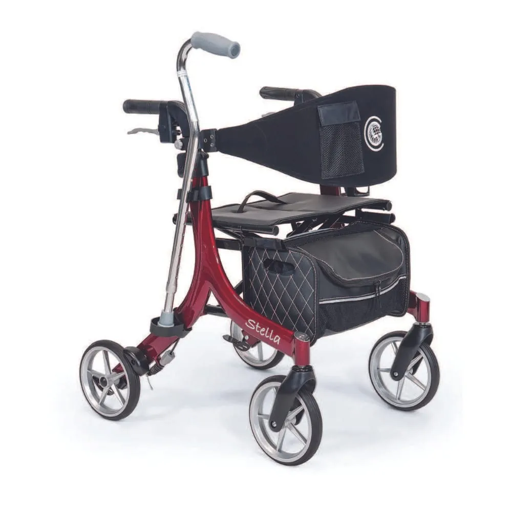 An illustrative four-wheel rollator with handbrakes, seat, back support and storage bag