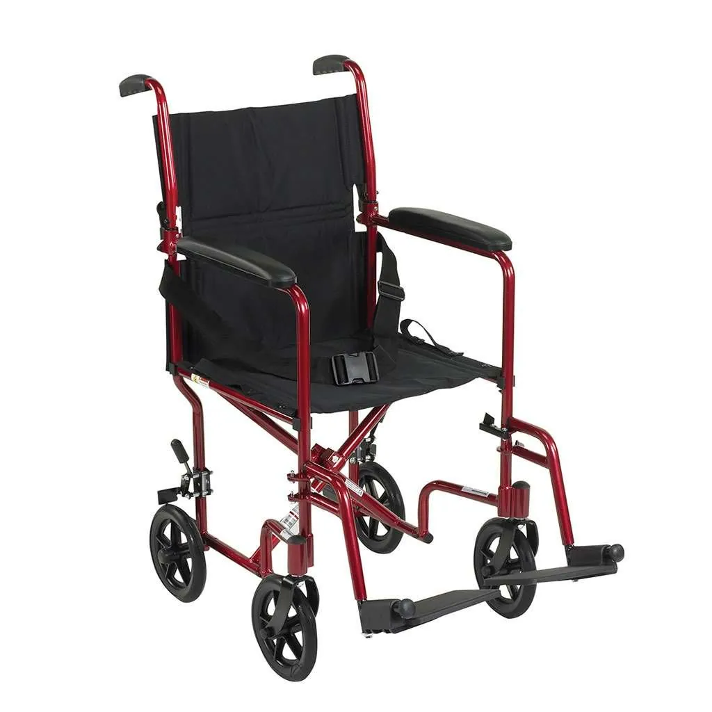 An example of a folding transport wheelchair with small rear wheels