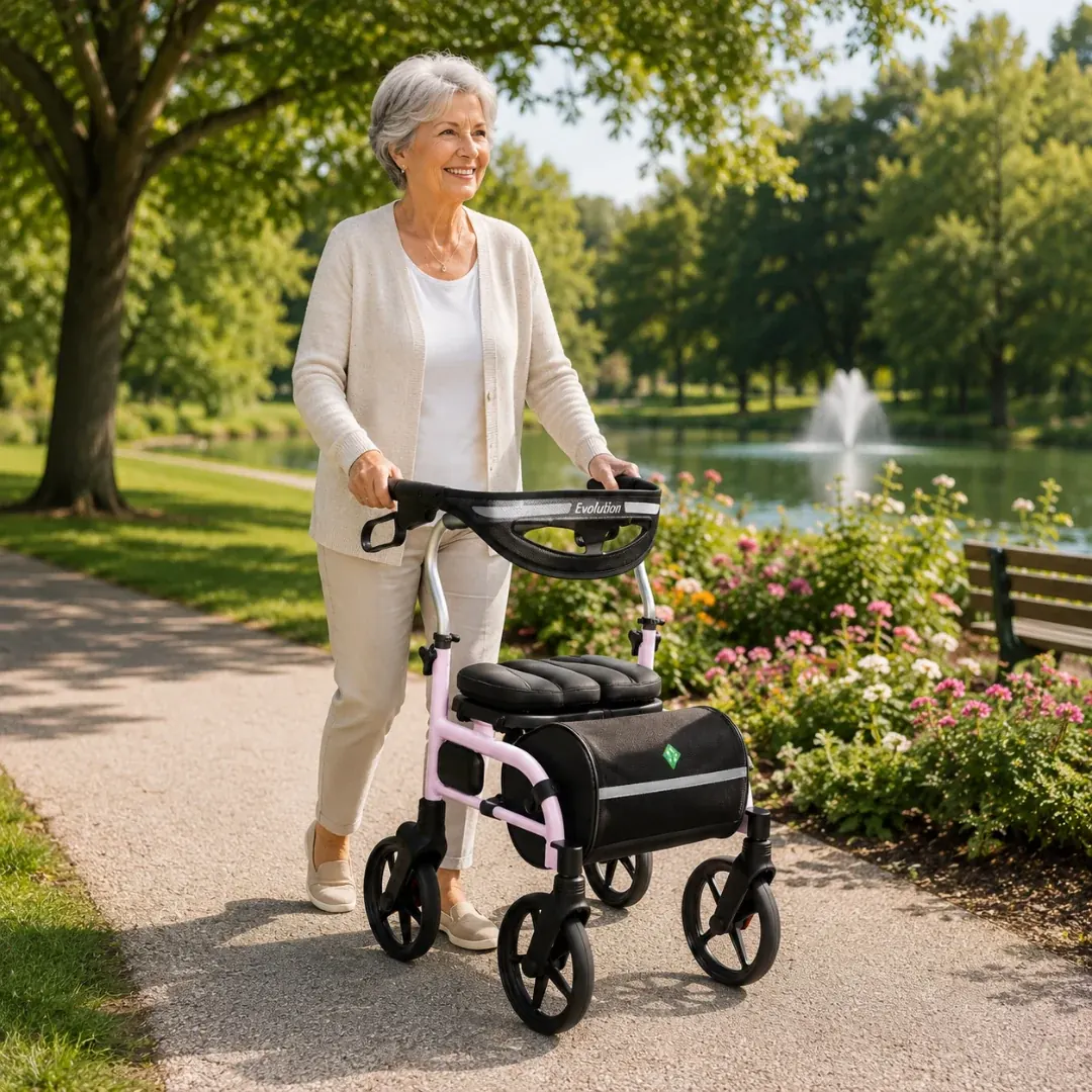 An older woman using a four-wheel rollator on a park path