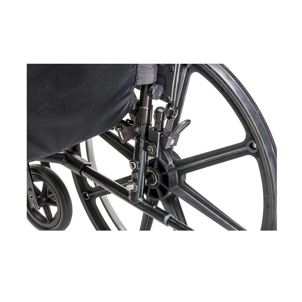 Close view of the rear frame and axle area beside the 24 inch rear wheel