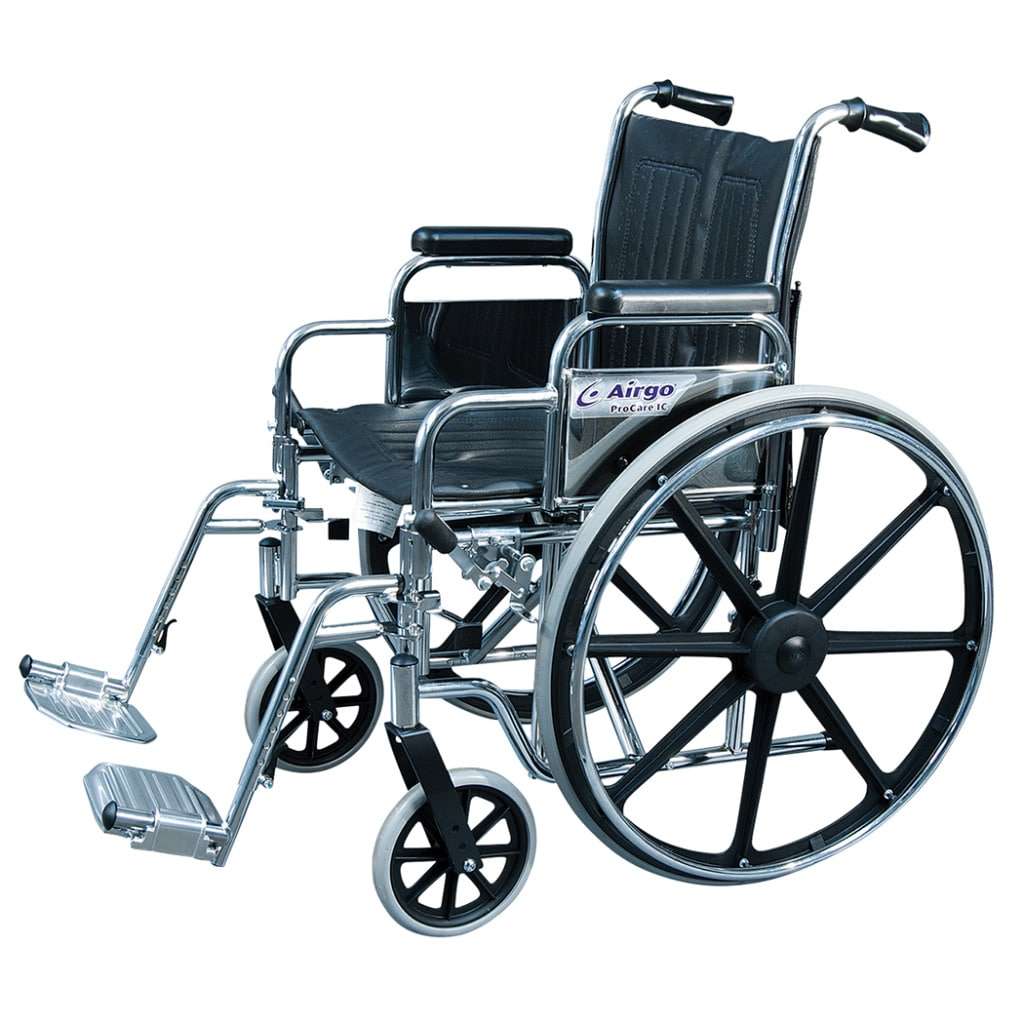 Desk-length arm version with swing-away footrests and the Airgo ProCare IC label on the side panel