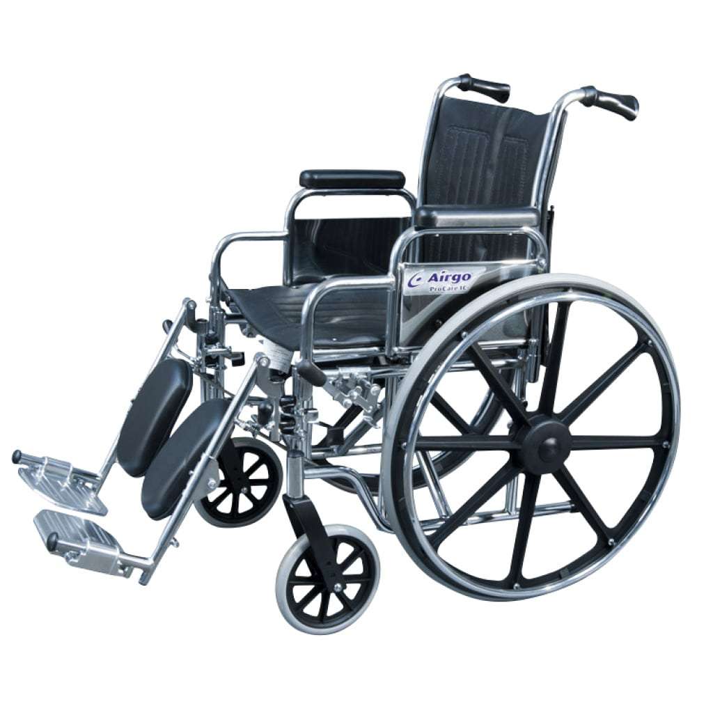 Desk-arm model with elevating legrests and calf pads, 24-inch mag rear wheels and 8-inch front casters