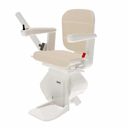 Freecurve stairlift seat in cream, three-quarter view on a white background
