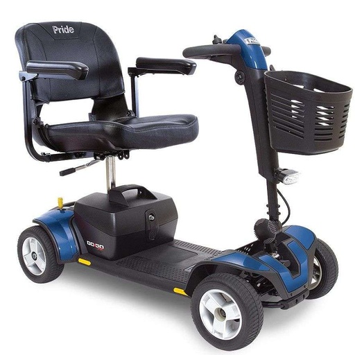 Blue Pride Go-Go Sport 4-wheel scooter, side view with the seat and front basket
