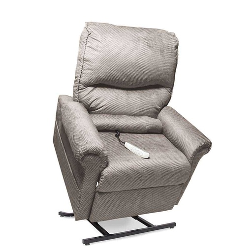 Pride LC-107 in grey upholstery, raised on the lift base with the hand control on the seat