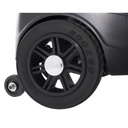 Close-up of the Scout rear wheel, a flat-free 8 inch tire with its anti-tip wheel alongside