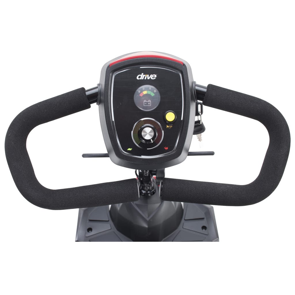 Delta tiller console of the Scout: battery gauge, speed dial, key switch, throttle and horn