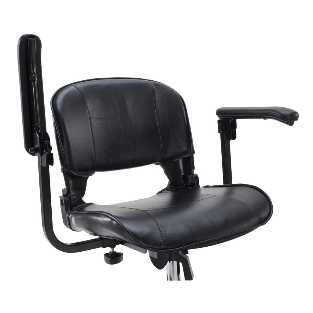 Scout seat and armrest in black vinyl, with the fold-down backrest on its swivel post