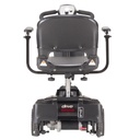 Rear view of the Drive Scout travel scooter showing the two rear wheels, motor and anti-tip wheels