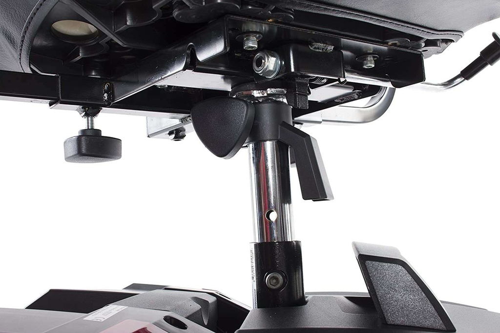 Under the Scout seat: the swivel post, height pin and adjustable seat mount