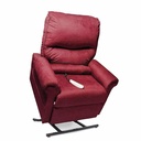 Pride LC-107 in deep red upholstery, raised on the lift base, front three-quarter view