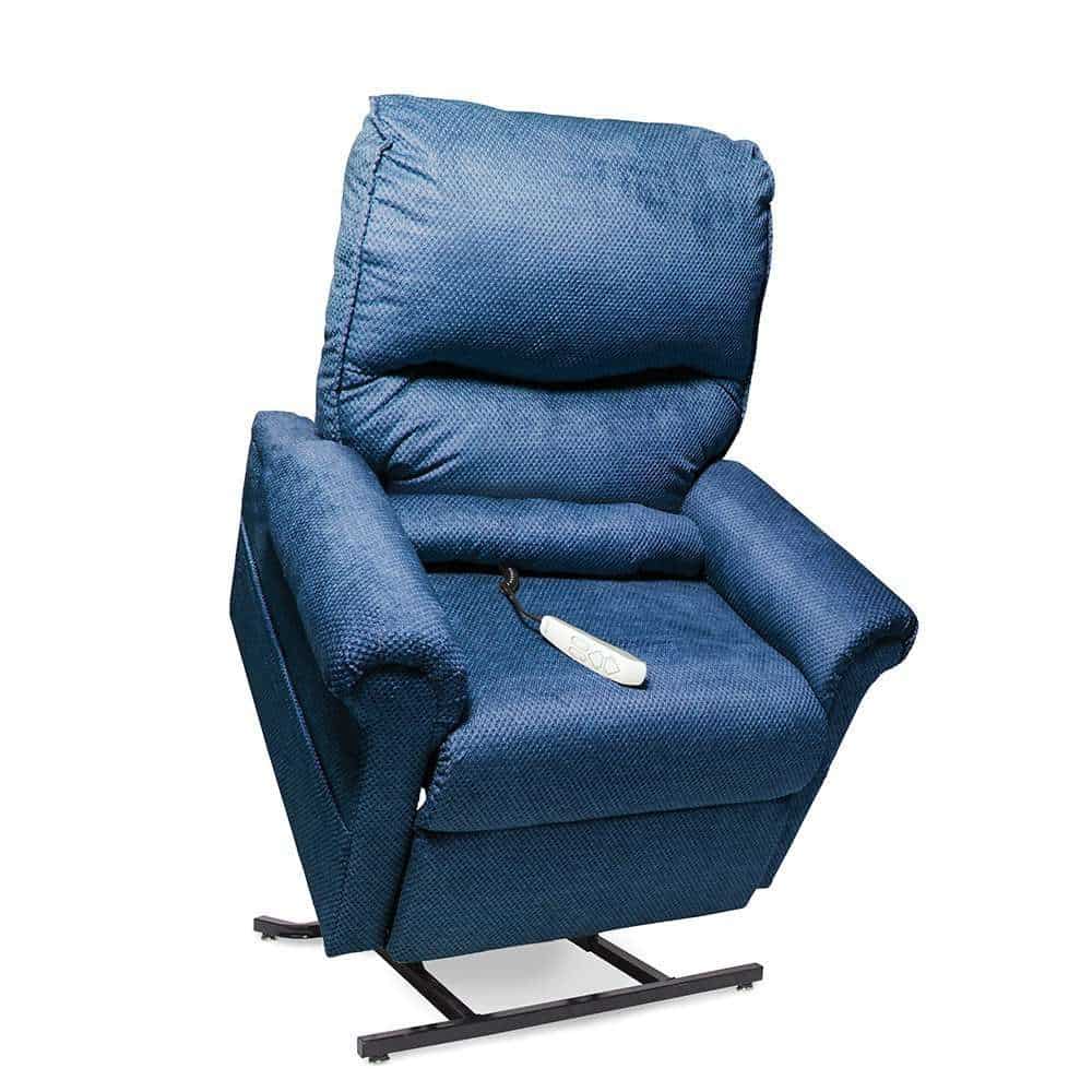 Pride LC-107 in blue upholstery, raised on the lift base with the hand control on the seat