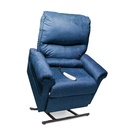 Pride LC-107 in blue upholstery, raised on the lift base with the hand control on the seat