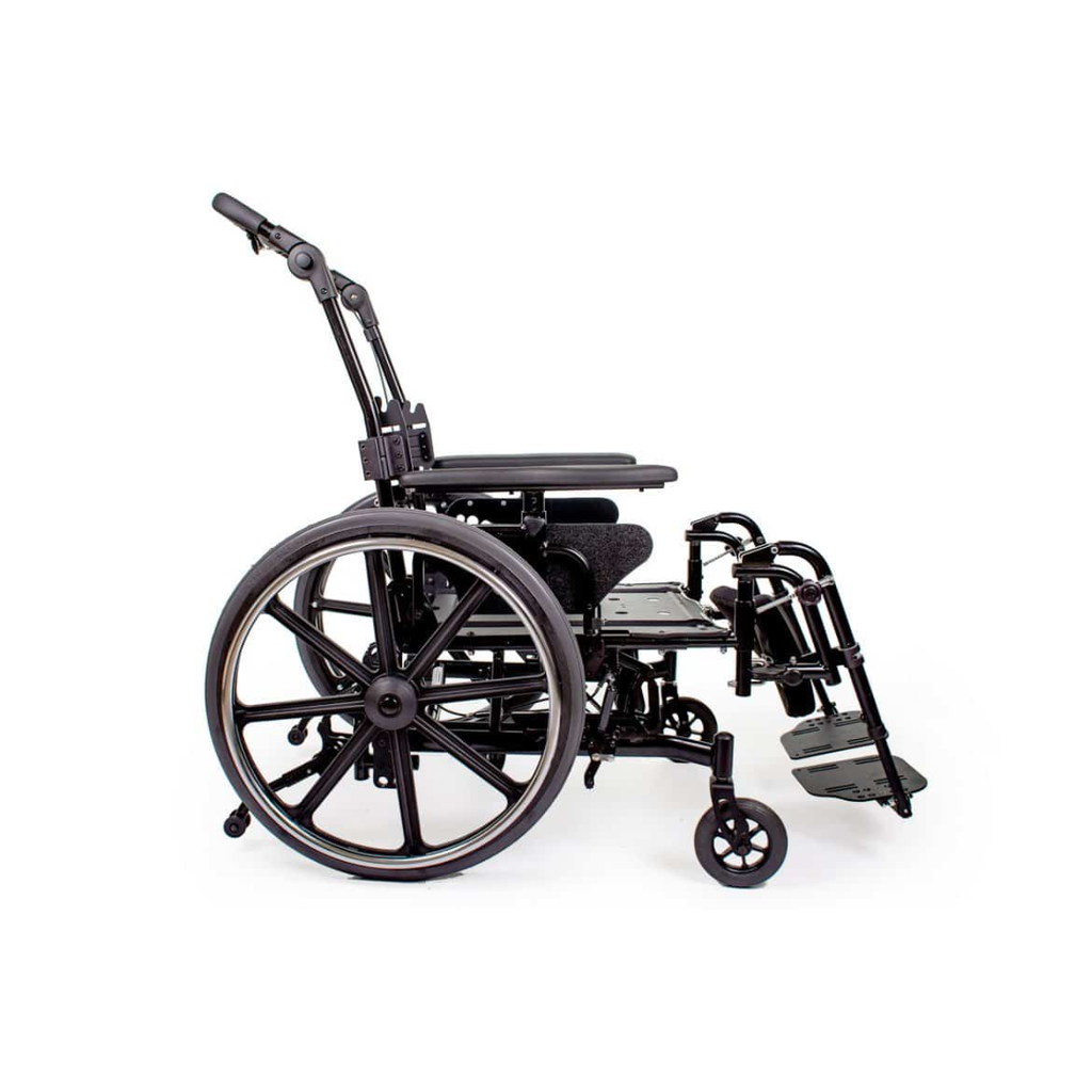 Side view of the frame with no back support fitted, showing the push cane, armrest and legrest
