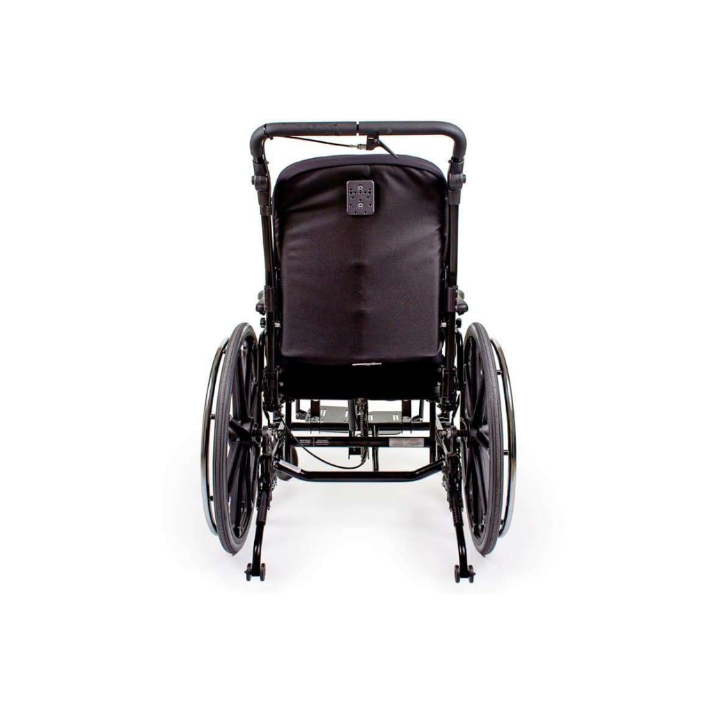 Rear view with the back support fitted, its headrest mounting plate and the anti-tippers below