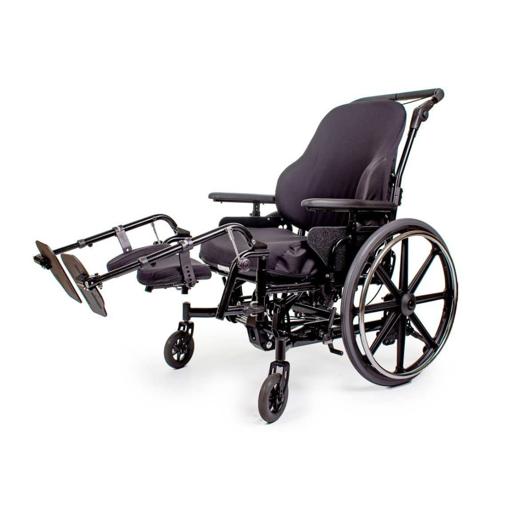 Front three-quarter view with both elevating legrests raised level, back support and cushion fitted