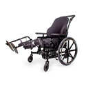 Front three-quarter view with both elevating legrests raised level, back support and cushion fitted