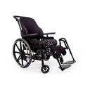 Front three-quarter view of the complete chair in black with seating, gel armrests and elevating legrests