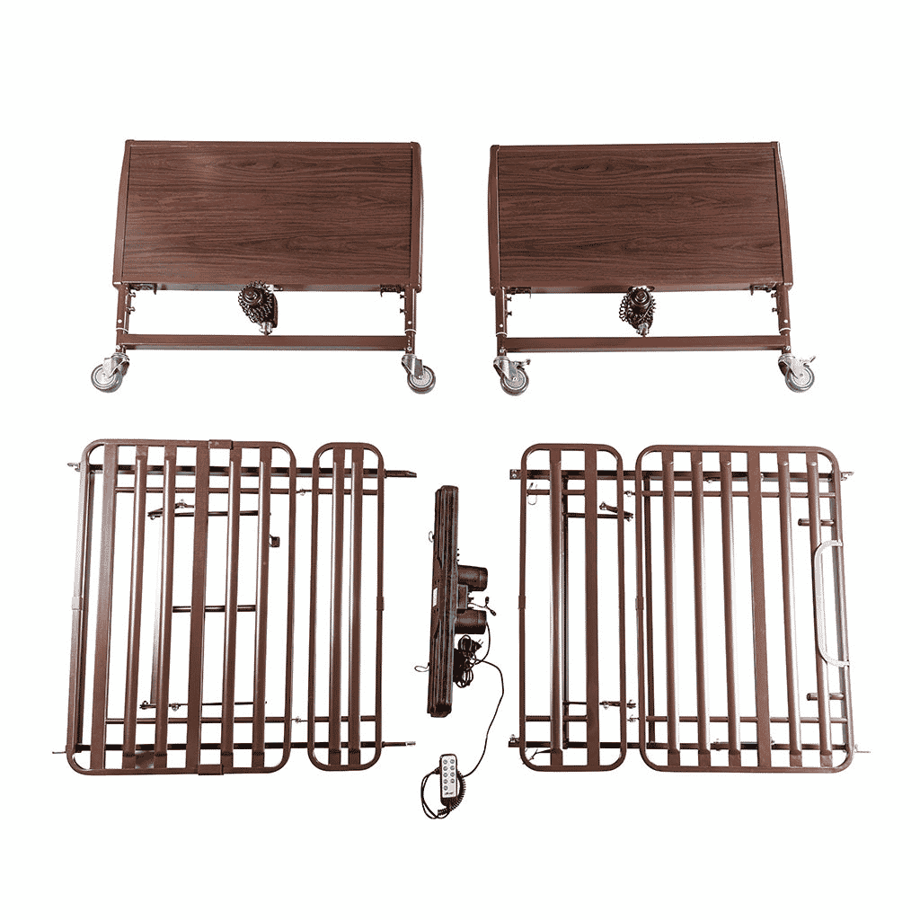 Bed ends with hi lo motors, slat deck panels, a linear motor and the hand pendant laid out as they ship