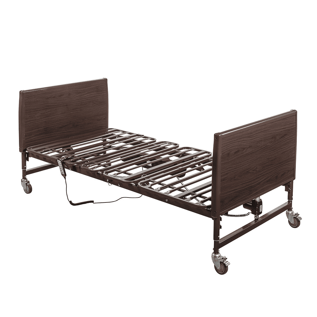 Slat sleep deck lowered flat between wood grain bed ends on 5 inch locking casters