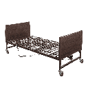 Slat sleep deck lowered flat between wood grain bed ends on 5 inch locking casters