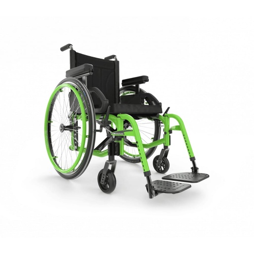Move wheelchair in Acid Green with matching handrims, front three-quarter view