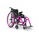 Fuchsia Helio A6 folding wheelchair with fuchsia handrims, seen from the front left