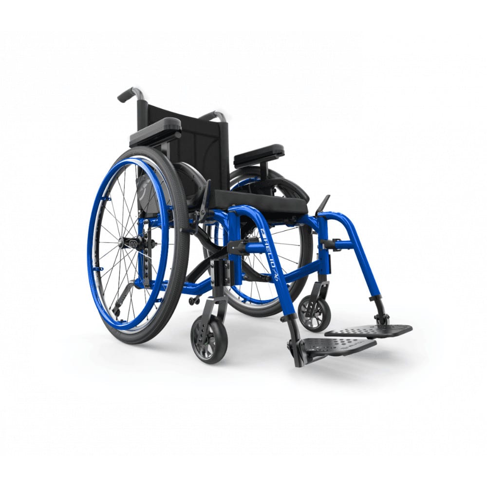Helio A6 in Sapphire Blue with blue handrims, front three-quarter view
