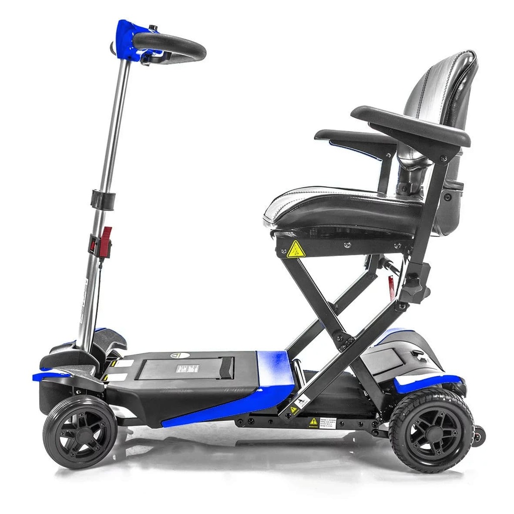 Blue Transformer unfolded, side view showing the folding X-frame under the seat