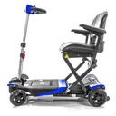 Blue Transformer unfolded, side view showing the folding X-frame under the seat