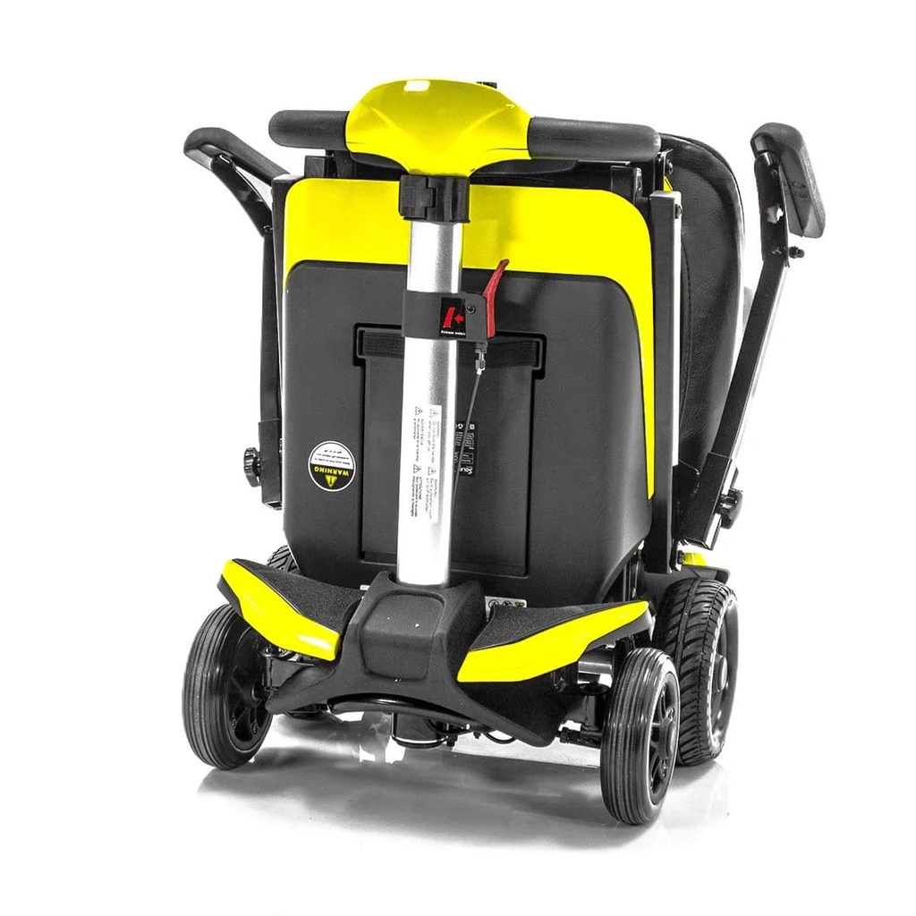 Yellow Transformer folded in one piece, standing on its four wheels, tiller side
