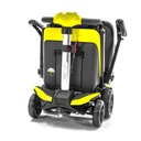 Yellow Transformer folded in one piece, standing on its four wheels, tiller side