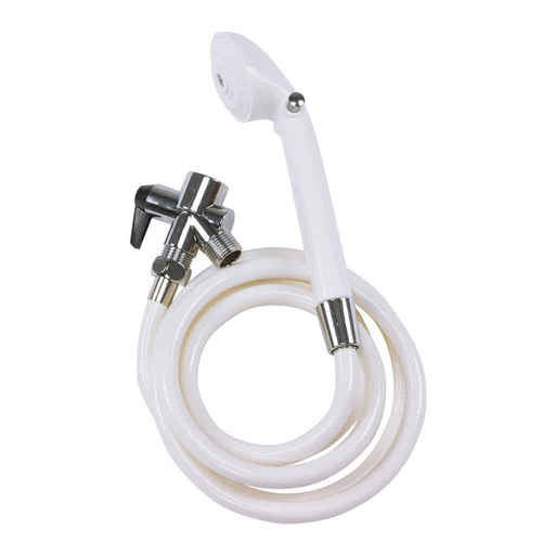 White 12037 spray, coiled white hose, and a chrome diverter with a black lever