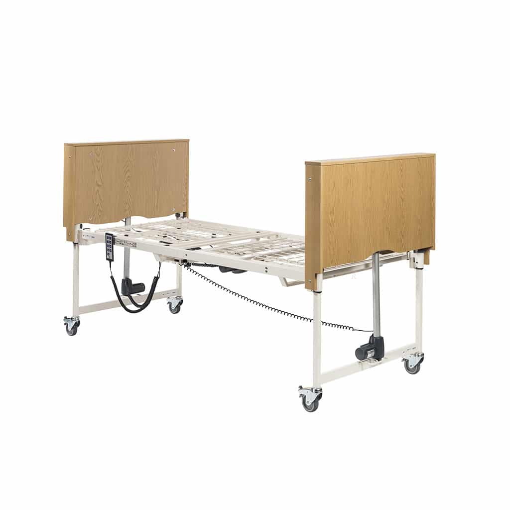 Bed frame with the mattress platform exposed, showing the profiling sections, actuators and cable routing