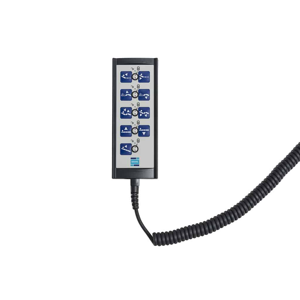 Handset with its coiled cord lying flat, showing the function buttons and the lockout keyholes
