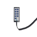 Handset with its coiled cord lying flat, showing the function buttons and the lockout keyholes
