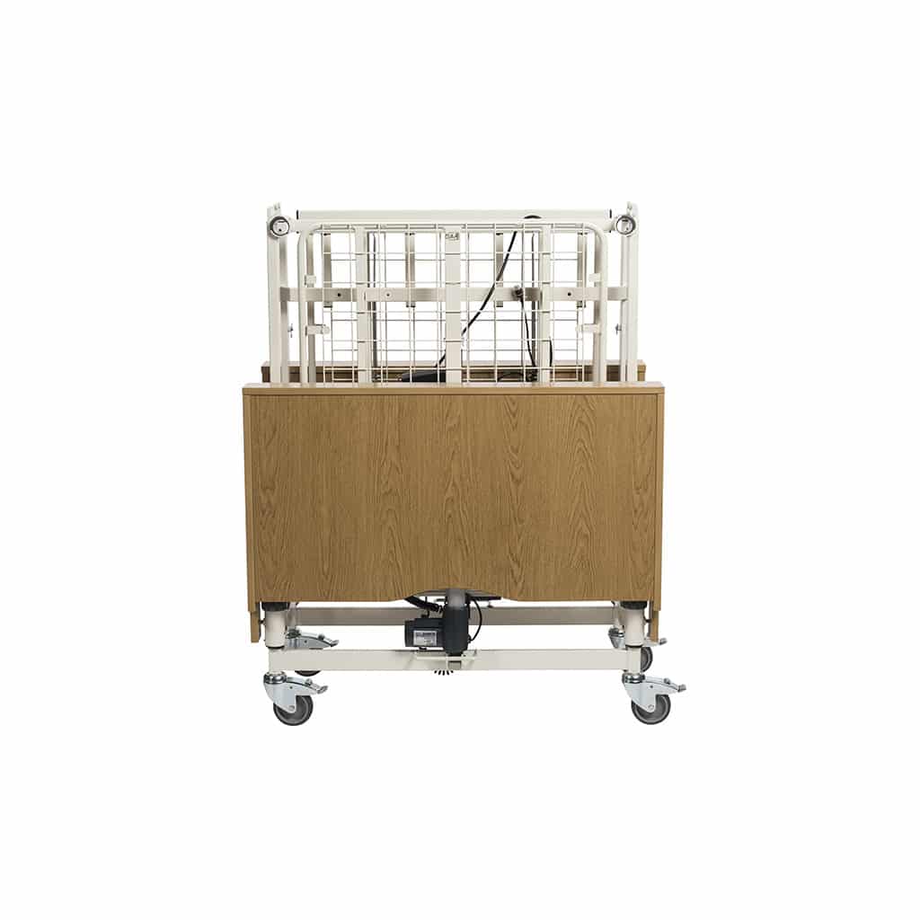 End view of the folded bed with the frame stacked vertically on its transport stand