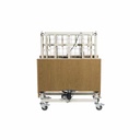 End view of the folded bed with the frame stacked vertically on its transport stand