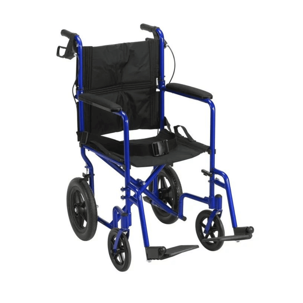 Blue frame Expedition transport chair with black upholstery, seat belt and footrests, front three-quarter view