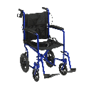 Blue frame Expedition transport chair with black upholstery, seat belt and footrests, front three-quarter view