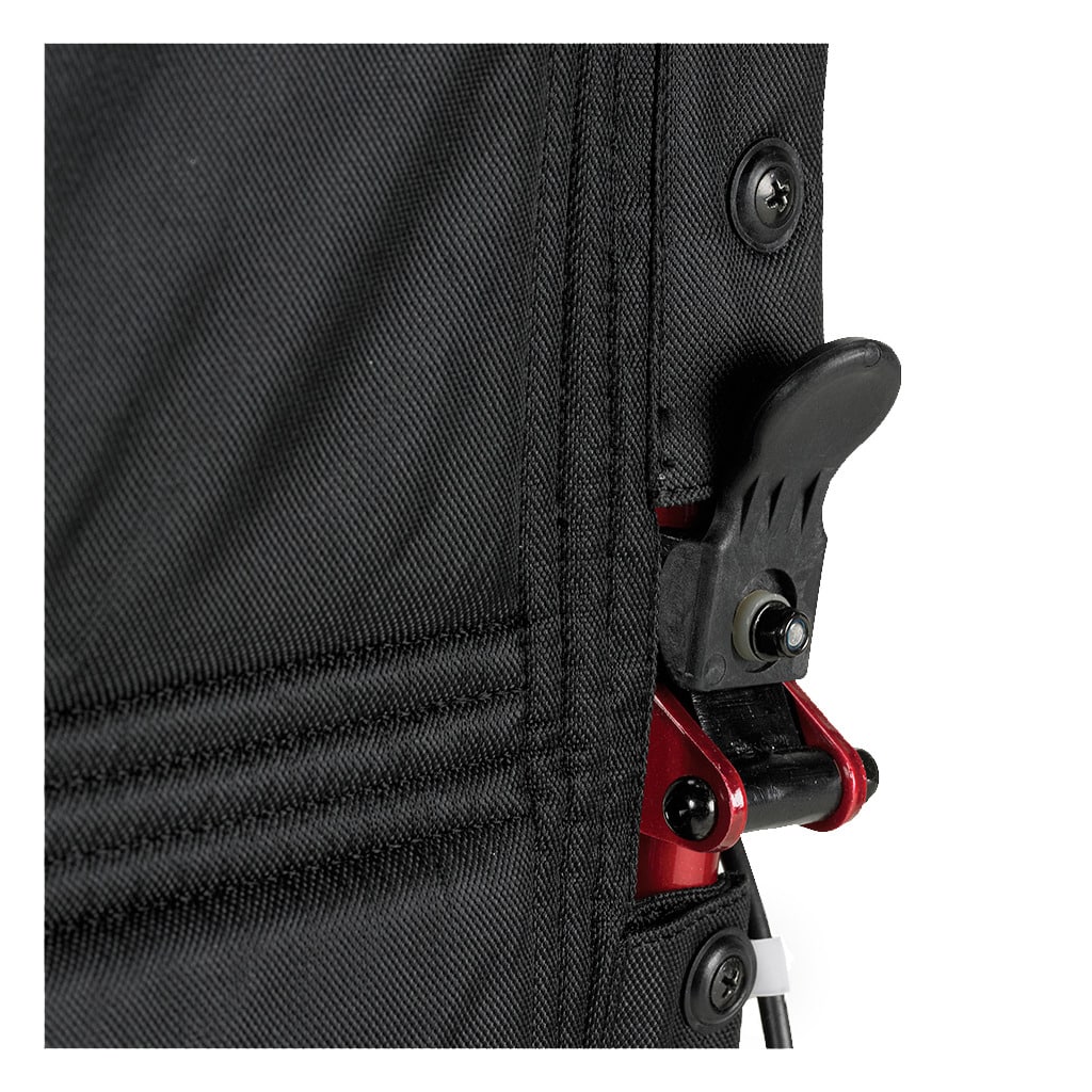 Release lever on the back post of the red Expedition, used to fold the backrest down