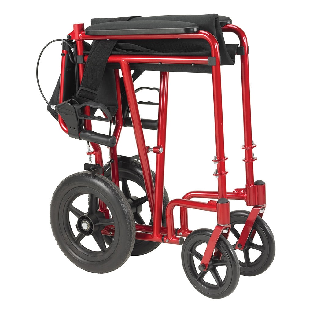 Red Expedition transport chair folded flat with the footrests off and the backrest lowered