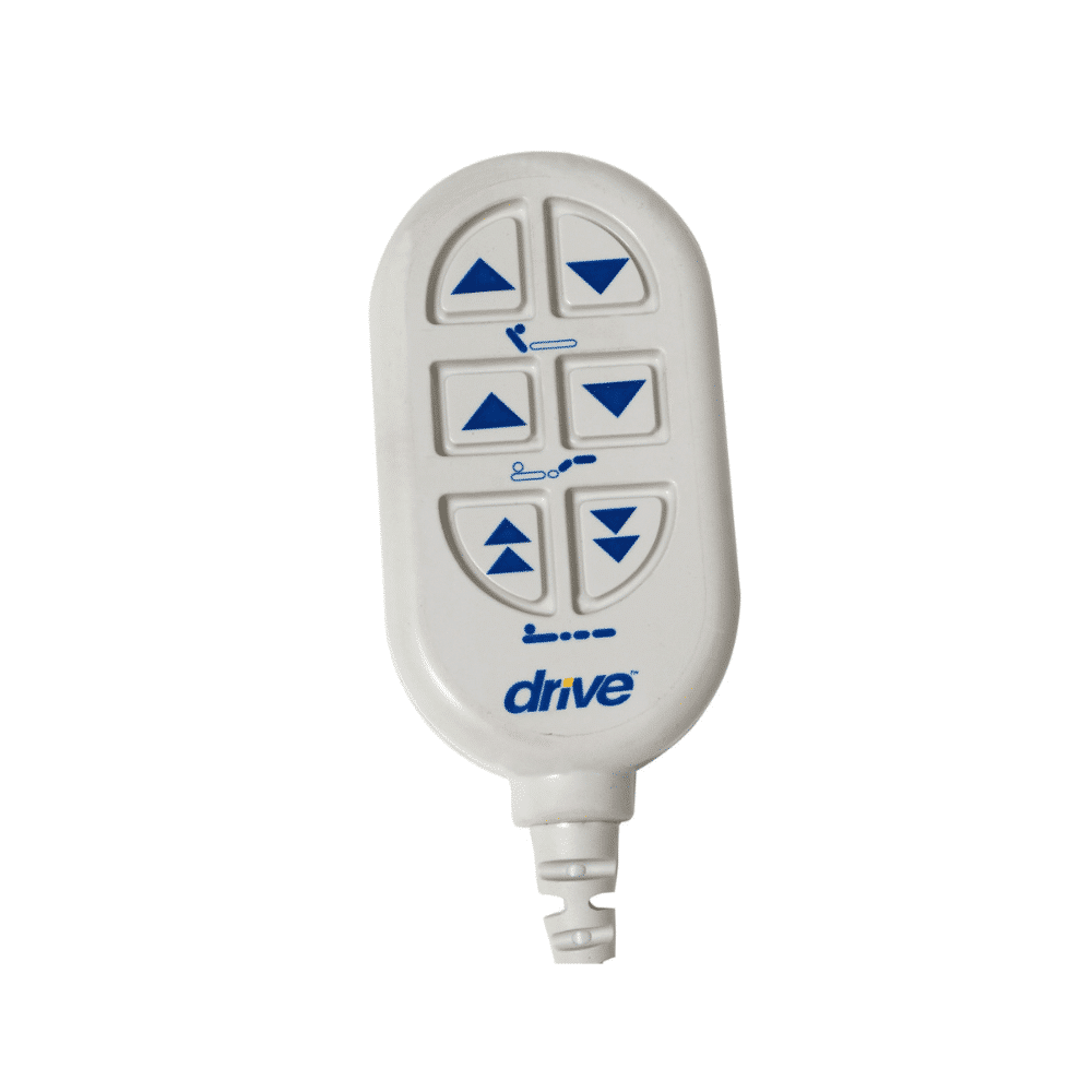 Wired hand pendant with blue buttons for the Drive 15005LP electric hospital bed