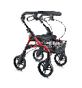 Evolution Piper rollator in red, front three-quarter view with the padded seat and mesh basket
