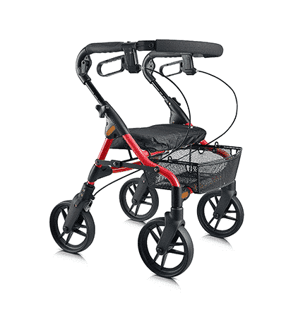 Evolution Piper rollator in red, front three-quarter view with the padded seat and mesh basket