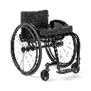 Ki Mobility Rogue 2 rigid wheelchair, front three-quarter view with a black frame and spoke wheels