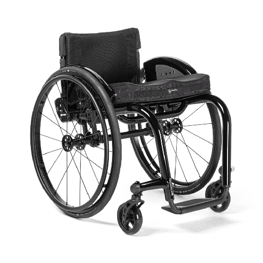 Ki Mobility Rogue 2 rigid wheelchair, front three-quarter view with a black frame and spoke wheels