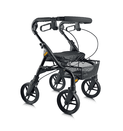Evolution Piper rollator in black, front three-quarter view with the removable mesh basket